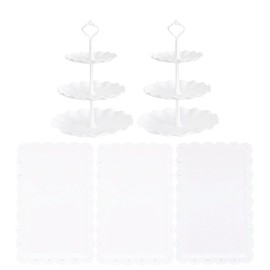 RAUVOLFIA 5 Pcs Dessert Stand Set, 2X Small 3 Tiers White Plastic Cupcake Stand Holder & 3X Rectangle Party Serving Trays/Platters for Wedding Birthday Baby Shower Tea Party Buffet (White)