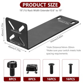 Rack Mount Kit, Adjustable 14-30 mm Rack Bracket, 19 Inch Switch Holder, Rack Ears Compatible with Netgear TRENDnet Cisco D-Link HP, Mounting of 7.9 Inch Widths up to 19 Inch Devices (143 mm)