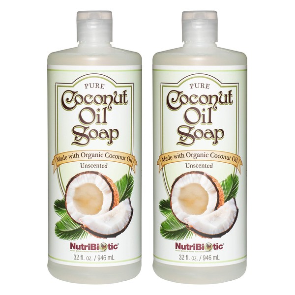 NutriBiotic Pure Coconut Oil Soap, Unscented 32 oz TWIN PACK | Certified Organic, Unrefined, Biodegradable & Gentle on Skin | No GMOs, Gluten, Parabens, Sulfates, Dyes or Colorings