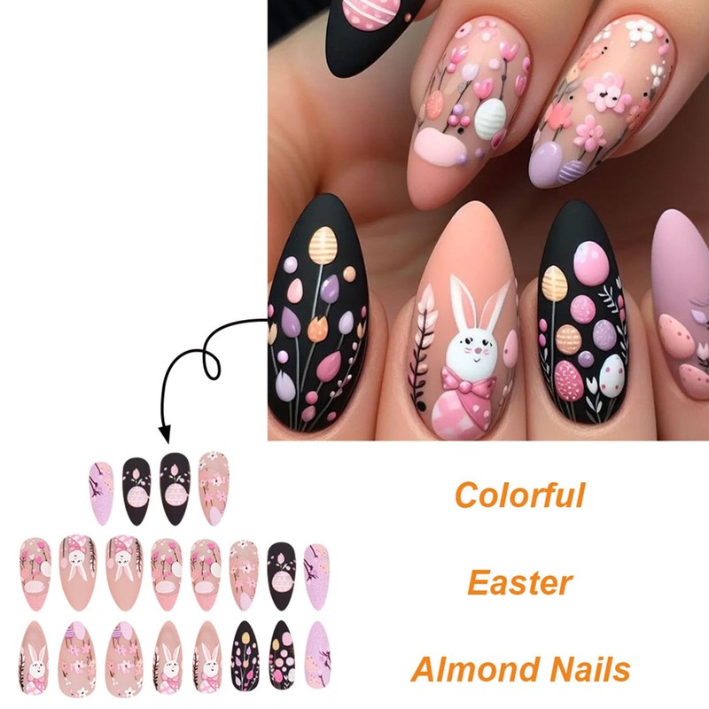 24 Pcs Easter Press on Nails Almond Shaped Fake Nails