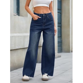 Cicy Bell Women's Wide Leg Jeans Casual High Waisted Distressed Frayed Hem Loose Trendy Baggy Denim Pants with Pockets Navy