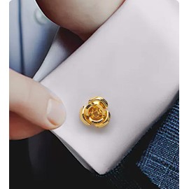 Jonwo Rose Flower Cufflinks and Tie Pin Set Regular Necktie Tie Clip Tie Bar Men Cufflinks for Wedding Business Shirt Tie (14K Gold Plated Cufflinks Tie Clip Set)
