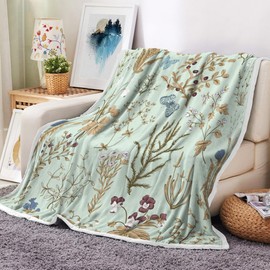 Spring Floral Throw Blanket Vintage Botanical Floral Printed Blanket Super Soft Flannel Throw Blanket Lightweight Fluffy Green Fuzzy Bed Blanket for Bedding Sofa and Travel,60X70IN, 50X60
