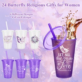 Havawish 24 Pcs Church Gifts Bulk for Mother 16 oz Christian Butterfly Cups Plastic Religious Bible Tumbler with Lid and Straw for Pastor's Wife Women (Purple,White)
