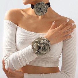 Flower Necklace Bracelet Set for Women Large Flower Choker for Prom Elegant Roses Choker Bracelet Wedding Prom Jewelry (Grey)