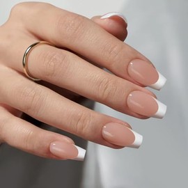 210 piezas de uñas francesas prefabricadas cortas trapezoidales marrones, cortaúñas a presión, set de regalo para decoración de uñas DIY