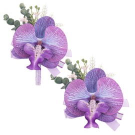 AUEAR, 2 Pieces Artificial Orchid Wrist Corsage Boutonniere Set Wristlet Band Bracelet for Wedding Prom Decoration