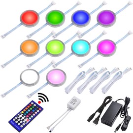 Lvyinyin RGBW Under Cabinet LED Lighting Kit, Linkable Puck Light, RGB & Daylight White, Wireless Remote Control Dimmer, 120V to 12V Direct Hardwired Wall Plug, 10 Lights