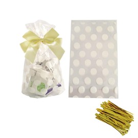 White Polka Dot Clear Cello Candy Favor Bags,Cellophane Cookie Treat Plastic Bags,With Gold Twist Ties, Pack of 50