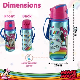 HOVUK 600ml Minnie Mouse Water Bottle with Carry Strap, Push Button Leak-Proof Bottle with Spout Cover for Back to School, Sports or Travel Summer Bottle for Kids Backpack 3+Years