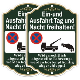 Ein und Ausfahrt Freihalten Sign, Pack of 2, Metal, 25 x 35 cm, Entry/Exit Tag und Nacht freihalten Aluminium Sign, Parking Prohibited, Illegally Parked Vehicles are Able for a Fee