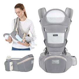 KOLWA 6-in-1 Safety Certified Ergonomic Quality Baby Carrier with Hip Seat: Kangaroo Bag Design for Newborns to Toddlers. Head Supporting Front and Back Support for Parents (Grey)