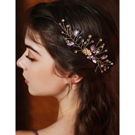 Lenjicons Crystal Rhinestone Wedding Hair Comb Purple Rhinestone Beads Wedding Headpiece Handmade Crystal Bridal Hair Comb Bridal Hair Accessories for Women (purple(gold))
