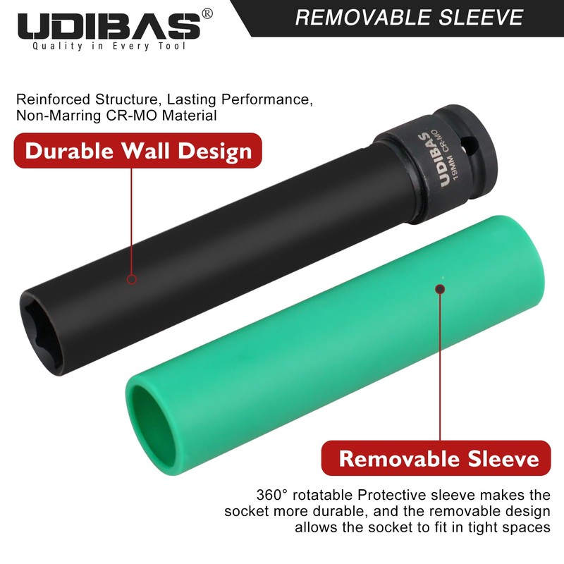 19mm 1/2-Inch Drive Extra Long Impact Lug Nut Socket,Deep,Metric,with Protective