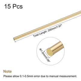 sourcing map Brass Rod,Brass Solid Round Rod 1.5mm/0.06inch Diameter 200mm Length Lathe Bar Stock for RC Model DIY Craft Pack of 15
