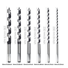HPMAISON Auger Bit, 6 PCS Auger Bit Set Hex Drill Bits 230mm, Set of Drill Bits in Spiral Stainless Steel with 6mm 8mm 10mm 12mm 14mm 16mm Drill Bit