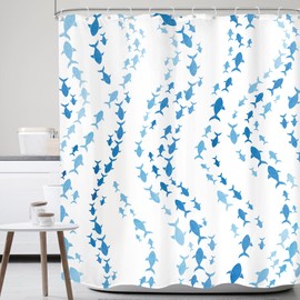 Mitpok Blue Fish Shower Curtain 60Wx72H Abstract Stripe Summer Ocean Swiming Sea Animal Sealife Minimalist Modern Kids Bathroom Decor Simple Unique Bath Curtain Fabric Polyester 12 Pack Hooks