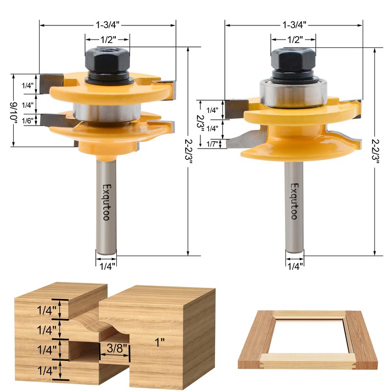 Exqutoo 3PCS 1/4" Shank Router Bit Set, Raised Panel Cabinet
