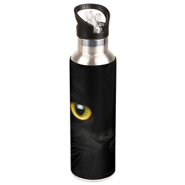 YoCosy Insulated Stainless Steel Water Bottle with Straw 20oz Cute Black Animal Cat Sports Water Bottles BPA Free Leakproof Metal Vacuum Flask Jug for Kids Gym Fitness