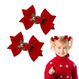 Christmas Red Bow Hair Clips, Xmas Duckbill Bow Barrette Hair pins Fabric Fur Ball Hair Headdress Headwear for Kids Girls Women Christmas Hair Accessories (Red-Bell)