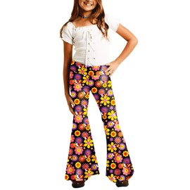 Floral Bell Bottom Pants for Girl Groovy High Waisted 60s Legging Pants Cosplay Retro Flare Pants 9-10 Years
