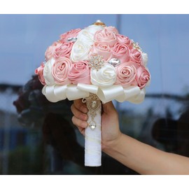 Gkvszy Blush Pink and Ivory Bridal Wedding Bouquet with Gold Brooch Bling Rhinestone Bouquet for Bride Bridesmaid Quinceanera Satin Dusty Rose Flower Bouquet Wedding Blush Pink and Ivory 7.5in