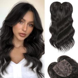 HOOJIH Hair Topper, Wavy Hair Topper with Bangs, Hair Topper for Women with Thinning Hair 18 Inch Long Hair Toppers 6.5x6.5 Inch Large Base Wiglets Synthetic Hair Pieces for Women - Black Brown