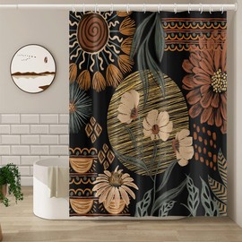 Umpoo Black Bohemian Floral Shower Curtain Mid Century Flowers Botanical Modern Elegant Aesthetic Shower Curtain for Bathroom Decor Waterproof Polyester with Hooks, 72x84 Inch