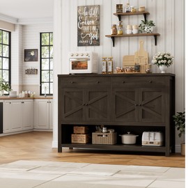 HOSTACK 55'' Buffet Sideboard Cabinet with Storage, Coffee Bar with 2 Drawers, Farmhouse Console Table with Doors, Storage Cabinet with Shelf for Kitchen, Living Room, Entryway, Dark Brown