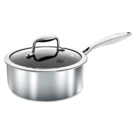 Hell’s Kitchen Hybrid 1.5 Qt Saucepan + Lid, Tri-Clad Stainless Steel and Nonstick Ceramic, PFAS Free, no PFOA, no PTFE, no Teflon, Non Toxic Cookware, Metal Utensil Safe, All Cooktops and Oven Safe