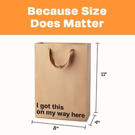 Funny Gift Bag 11 x 8 x 4 inch – Brown Kraft Paper Bag with 'I Got This On My Way Here' Print – Gag Gift Wrap for Birthdays, Holidays, Office Parties – Party Gift Wrap for Mother's Day, Father's Day