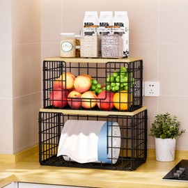 Neatevday 2 Pack Large Trash Bag Dispenser Stackable Storage with Bamboo Top, Garbage Bag Holder Under Sink, Kitchen Laundry Pantry Organizers Basket for Fruits,Vegetable, Black