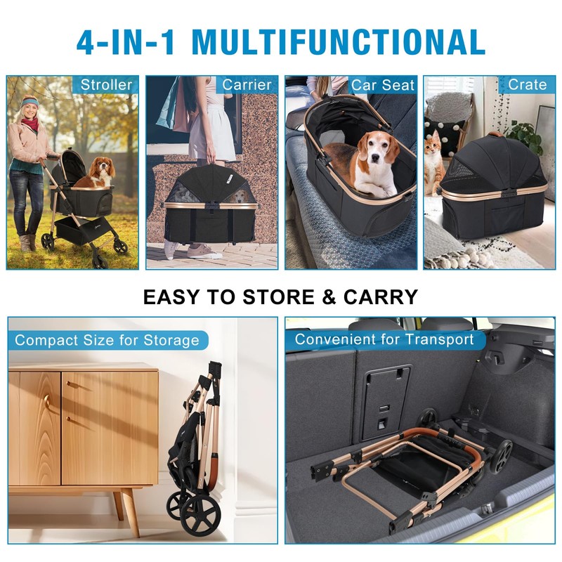 LPOTIUS Pet Stroller for Small/Medium Dogs & Cats, No-Zip Foldable