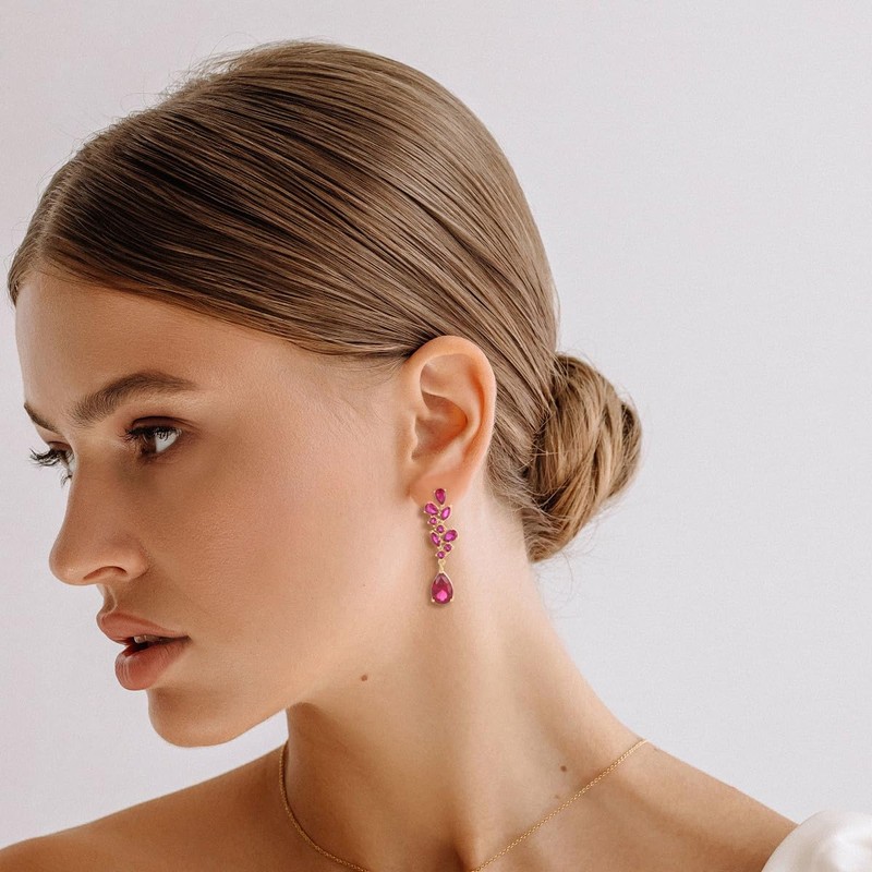 Hot Pink Cubic Zirconia Dangle Earrings,Teardrop Crystal Wedding Bridal Earrings