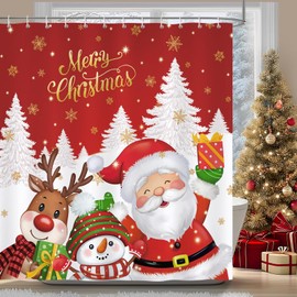 Bonhause Duschvorhang Weihnachten Schneemann Rentier Weihnachtsmann Winter Rot Duschvorhänge 180 x 180 cm Anti-Schimmel Wasserdicht Polyester Stoff Waschbar Bad Vorhäng für Badzimmer mit 12 Haken