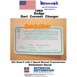 Quirey Quality Design Co. 1969 Dart Coronet Charger 225 Slant 6 3speed Trans Emissions Decal 2899845 MoPar