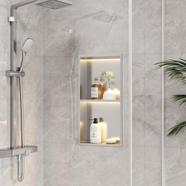 Neohomee 2-Tiers 12x24 Wall Niche With LED Light Strips, Brushed Shower Cabinet, Stainless Steel Bathroom Shelf, NO Tile Needed Recessed Storage Organizer (Non-dimmable)