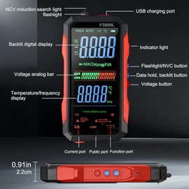 Digital Multimeter Tester Rechargeable Smart Digital Multimeter USB-C Charging True RMS Electrical Tester AC DC Voltage Current Tester with Large Display for Industrial Electrical Issues(FS899L)