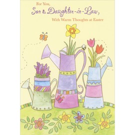 Designer Greetings Three Tall Purple, Pink, Blue and Green Watering Cans Easter Card for Son and Daughter-in-Law