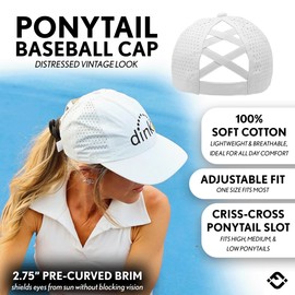 Funky Junque Criss Cross Ponytail Hats for Women with Ponytail Hole Adjustable Baseball Cap for High or Low Bun - Laser Cut: Dink (White)