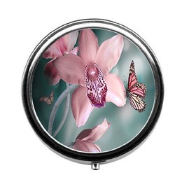 Pink Flowers and Butterflies Cute Pill Box/Pill case-Round Pill Box/case- Three-Compartment Pill Box/Pill case …