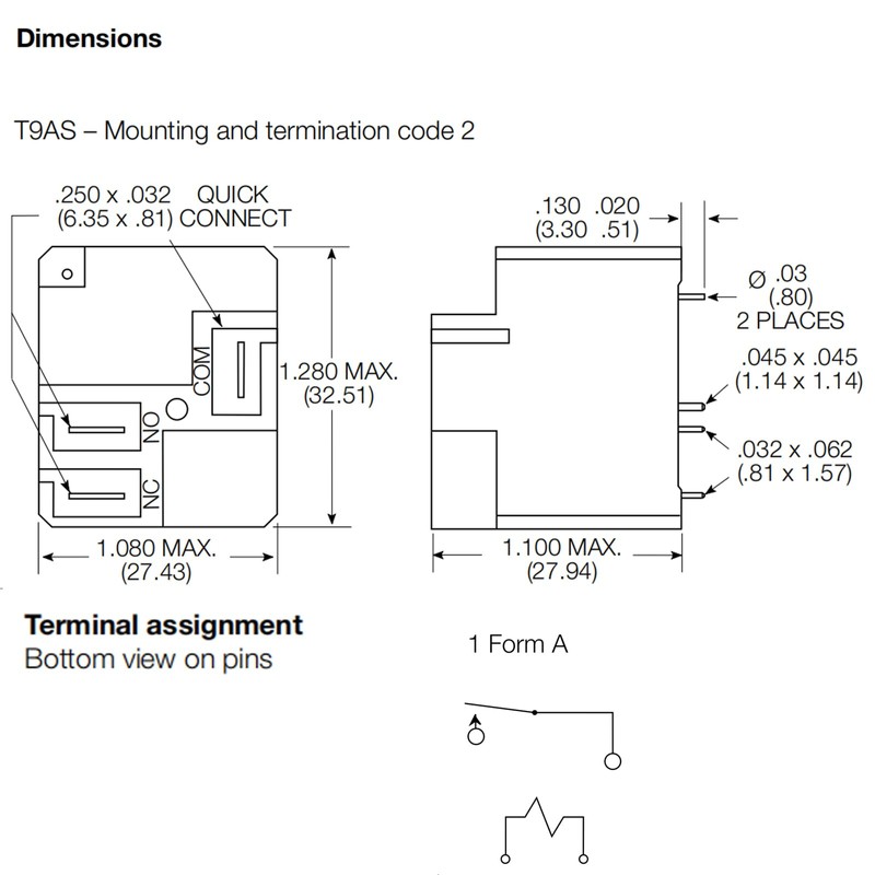 T9AS1D22-12 30A PCB or Panel Mount Relay - 4Pins High