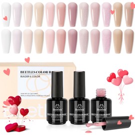Beetles 12 Pcs Nude Pink Gel Nail Polish Kit - Translucent Rubber Base and Builder Gel, Porcelain Doll Pink Nail Polish Neutral Sheer Colors Strengthener Soak Off U V Nail Art DIY Valentines Day Gift