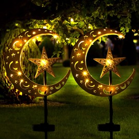 Tujoe 2 Pcs Ramadan Solar Lights Ramadan Decorations Outdoor Mubarak Star Moon Solar Stakes Lights Waterproof for Eid Decorations Outdoor Garden Walkway Lawn Patio Yard(Star)