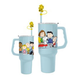 Silver Buffalo Peanuts Snoopy Gang Logo Stainless Steel Tumbler with Straw Cover Cap, Lid, Straw and Handle - 40 oz