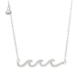 Aloha Jewelry Company 925 Sterling Silver 14K Gold Plated Cubic Zirconia Three Ocean Wave Necklace Pendant with 16"-18" Adjustable Link Chain, Nickle Free Hypoallergenic for Sensitive Skin, Sterling Silver, Cubic Zirconia