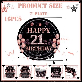 16Pcs Black Rose Gold 21st Birthday Paper Plates 7",Birthday Tableware Party Plate Disposable,21st Birthday Table Decorations Plates Birthday Gifts for Girls,Women,Ladies,Her 21st Birthday Party Decor