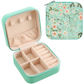 MAYCARI Teal Green Leather Square Travel Makeup Bag Floral Art Flowers Leather Makeup Case Portable Jewelry Organizer Case for Women Daughter Mother Birthday Christmas Gifts