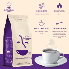 Coffee Bean Direct Dark Sulawesi Kalossi, Whole Bean Coffee, Arabica Coffee, Dark Roast, 2.5 Pound Bag (Pack of 1)