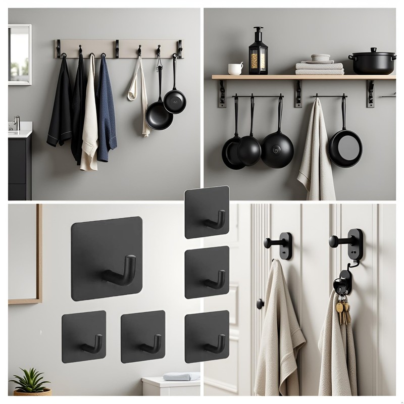 Tustao 6-Pack Stainless Steels Adhesive Wall Hooks Black,Easy Installation Without